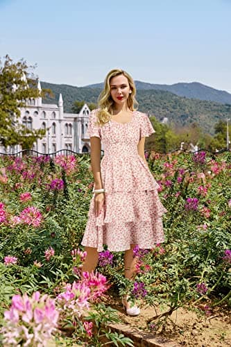 Belle Poque Women's 2026 Floral Summer Sun Dress Square Neck Short Sleeve Tiered Ruffle Boho Swing Dresses Pink S - Thumbnail 3