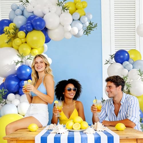 Blue and Yellow Balloon Arch Kit, 124Pcs Lemon Balloon Arch Kit with Royal Blue Light Blue Yellow White Balloons for Mediterranean Themed Birthday Wedding Bridal Shower Anniversary Party Decorations - Thumbnail 4
