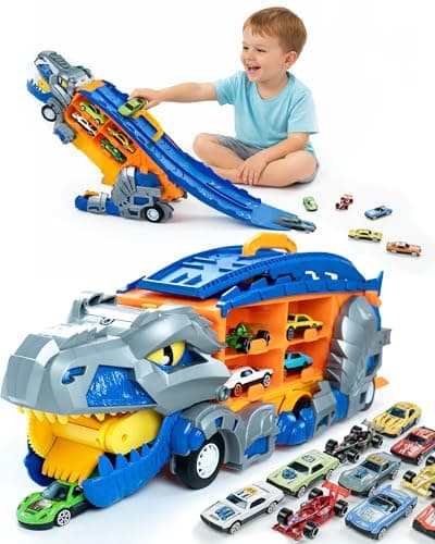 Cozycharm 13 in 1 Dinosaur Toys for Kids 3-6, Carrier Truck Race Track Toddlers Toys, Foldable Track Playset,Dinosaur Truck with 12 Die-Cast Racing Car Toys, Xmas Gifts for Boys Girls - Image 1