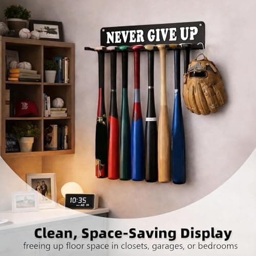 Conwithna Baseball Softball Bat Holder Wall Mount Storage Rack Metal Hanger Home Field Organizer Equipment Sports Hook Hanging Holds 14 Bats Carabiners Included Never Give UP - Thumbnail 2