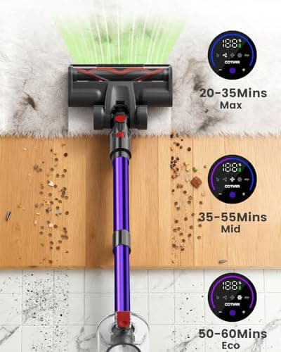 Cordless Vacuum Cleaner, 650W 48KPA UP to 60Min Vacuum Cleaners for Home, Self-Standing Stick Vacuum with Green Light Anti-Tangle, Vacuum Cordless Rechargeable for Pet Hair Carpet Hard Floors Purple - Thumbnail 6