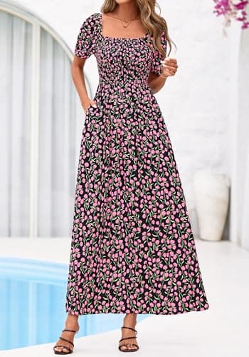 BTFBM Spring Summer Dresses for Women 2026 Puff Short Sleeve Smocked Floral Print Boho Beach Wedding Guest Maxi Dress(Floral Black Pink, X-Large) - Thumbnail 4