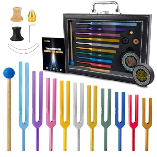 Hugbow 10 PCS Unweighted Tuning Fork for Healing Set, Multi-Color Chakra Tuning Forks, Aluminum Alloy Solfeggio Tuning Forks with Activator & feet (174-963Hz) for Sound Healing