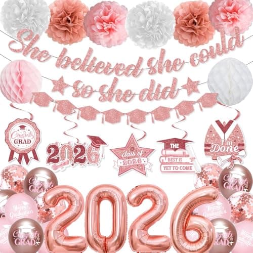 Pink Graduation Decorations Class of 2026, Pink Graduation Decorations Include She Believed She Could Banner Garland Hanging Swirls Balloons Paper Pompoms Honeycomb Balls for Graduation Decorations - Image 1