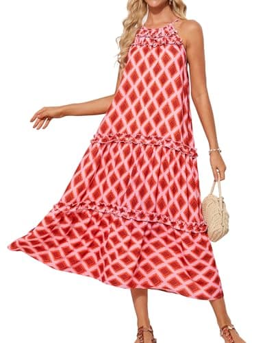 Long Beach Dresses for Women 2026 Vacation Sleeveless Loose Flowy Floral Maxi Dress Summer Casual Halter Sundress Orange 2XL - Image 1