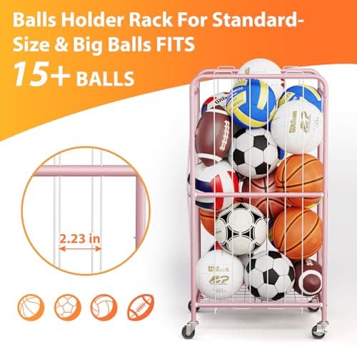 Olldide 210L 43-Inch Large Ball Storage Basket with Wheels, Rolling Cart Sports Equipment Garage Organizer with Elastic Rope for Easy Access, Holder For Basketball, Soccer, Volleyball, Football - Thumbnail 5