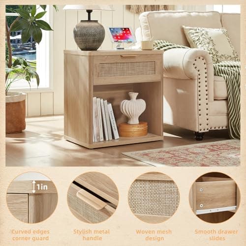 LEYAOYAO Rattan Nightstands Set of 2 with Charging Station, 23" Wide Boho Night Stand with Drawer, Natural Wood Bedside Table Open Cabinet, Bed Side End Table Dresser for Bedroom, Living Room, Hallway - Thumbnail 5