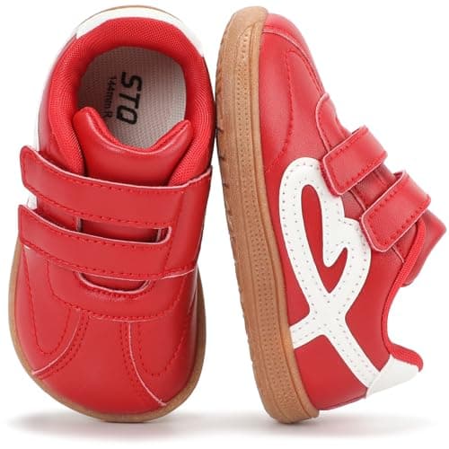 STQ Toddler Girls Sneaker Wide Toe Box Non Slip Barefoot Walking Shoes with Hook and Loop Outdoor Activities Red Infant 3 - Image 1