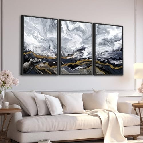 Large Framed Modern Wall Art - Abstract Landscape Cloudy Mountain Wall Decor 24"x36" Set of 3 Contemporary Grey Dark Painting Prints Marble Canvas Pictures for Living Room Bedroom Office Artwork - Image 1