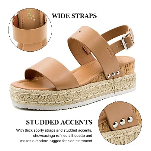Athlefit Women's Espadrilles Platform Wedge Sandals Casual Open Toe Ankle Strap Buckle Summer Sandals, Khaki, Size 6, AD00502 - Thumbnail 5