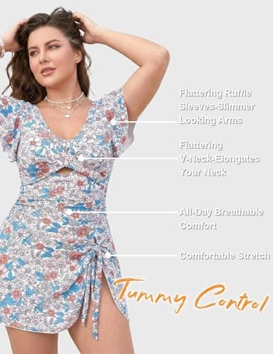 Women's One Piece Swimdress Swimsuit Tummy Control Ruffle Swim Dress Skirt Criss Cross Tie Back Bathing Suit White Small Flower M - Thumbnail 3