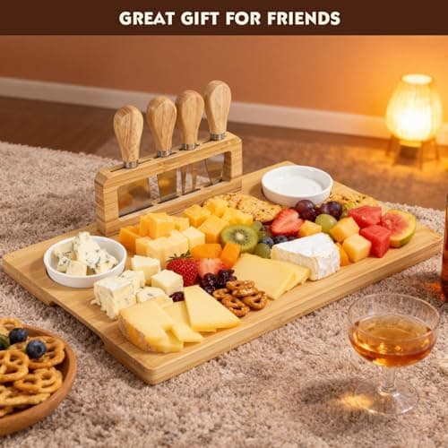 Bamboo 4 Piece Charcuterie Platter - Cheese Board Knife Set, Wooden Dinner Plate and Knife Set with Knife Holder, Suitable for Personalized Gifts Weddings, Housewarming, Birthdays, Christmas - Thumbnail 6