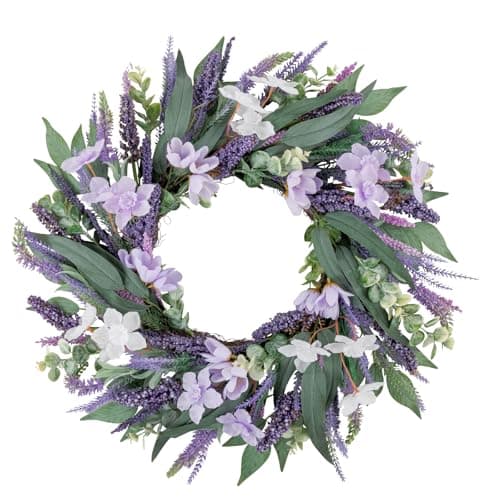 U'Artlines 24 Inch Tulip Wreath for Front Door, Spring Summer Silk Lavender Wreath with Eucalyptus Leaves Artificial Tulip Flower Wreaths for All Seasons Window Wall Wedding Valentines Day Decor - Image 1