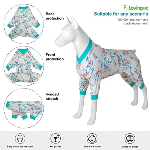 LovinPet Large Big Bodysuit for Dogs - Post Surgery Protection Dog Pjs,4 Legged Coverage Dog Onesie,Stretchable Lightweight, Bubbles and Floral White&Teal Print,Undershirt for Dog Sweaters,Blue Large - Thumbnail 3