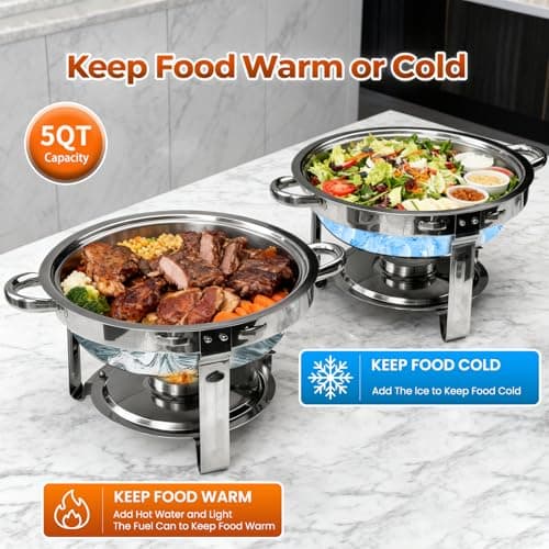 Chafing Dishes for Buffet Set 4 Pack, 5 Qt Chafers and Buffet Warmers Sets for Parties Round Catering Supplies Buffet Display - Thumbnail 3
