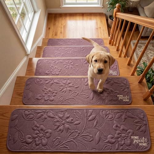 BIABIORY Stair Rugs Runners Covers, Rugs Runners for Elderly and Dogs, 8" X 30" (7Pack) Stickiness Soft Stair Rugs with Reusable Non-Slip Silicone Particles Backing, Machine Washable - Dusty Rose - Image 1