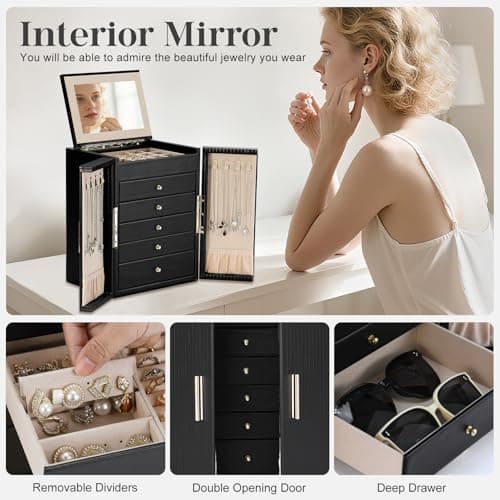Dajasan Large Jewelry Organizer Box with 5 Drawers, Jewelry Box for Women, 6-Tier Jewelry Storage Organizer with Mirror for Necklace Ring Bracelet Watch, Gift Idea (Black) - Thumbnail 6
