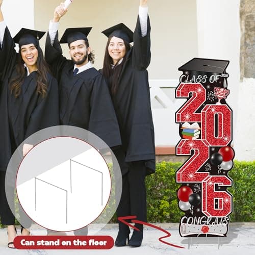 Graduation Yard Signs Class of 2026, 4 Pcs Large Red Graduation Decorations 2026 for Lawn High College School, Congrats Grad Sign for Indoor Outdoor Grad Party Decorations 2026 Backdrop Decor Supplies - Thumbnail 5