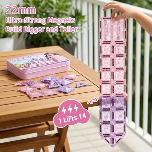 STEM MATCH Magnetic Tiles Girls Travel Toy: 42 PCS Pink Glitter Building Blocks Castle Tin Box - 120 Mins Quiet Play 60s Cleanup - Toddler Kids Gift Age 3 4 5 6 - Thumbnail 6