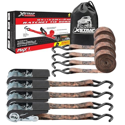 XSTRAP STANDARD Ratchet Tie Down Straps 4 Pk 10 Ft- 300 Lbs Load Cap- 900 Lbs Break Strength-Cargo Straps for Hunting, UTV, ATV, Pickup, Truck, Moving Appliances, Lawn Equipment, Camouflage