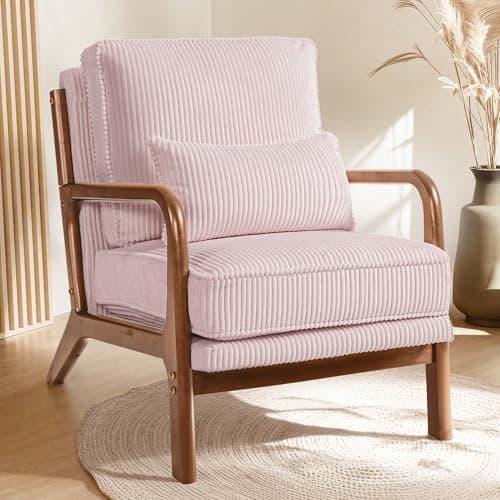 FLEXISPOT AC1 Accent Chair, Mid-Century Modern Armchair with Wood Frame, Comfy Corduroy Upholstered Reading Chair with Lumbar Pillow, 8" Thick Cushion for Living Room Bedroom Sunroom(Pink) - Image 1