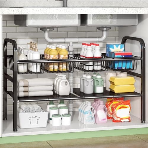 Under Sink Organizer and Storage,2 Tier Expandable Organization and Storage with 4 Panels and 4 Baskets,Cabinet Organizer,Under Sink Shelf,for Kitchen,Bathroom,Laundry Pantry Cabinet,Black - Image 1