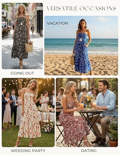 GRACE KARIN Strapless Floral Maxi Dress,Summer Casual Tube Top Boho Dresses,Beach Smocked Flowy Dress with Pockets Blue S - Thumbnail 6