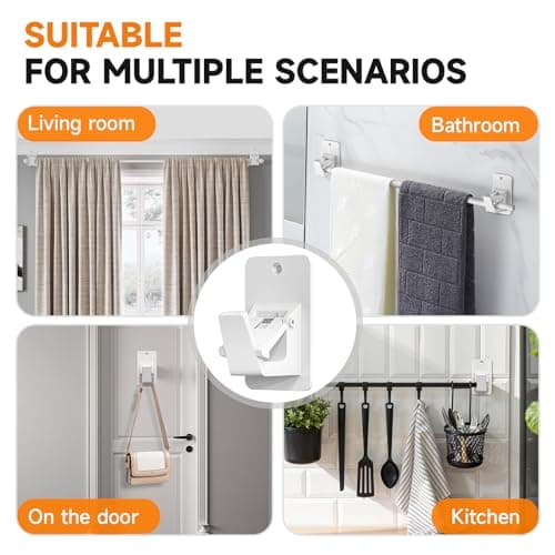 Universal Curtain Rod Holders, No Drill Curtain Rod Brackets, Self Adhesive Curtain Rod Brackets Up to 30 LB, Nail Free Curtain Rod Hooks for Bathroom, Bedroom, Livingroom, Kitchen (4PC, White) - Thumbnail 6