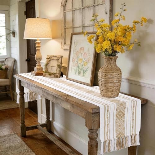 yuboo Boho Table Runner 72 Inches Long, Cream Woven Jacquard Table Runner with Tassels, Neutral Farmhouse Rustic Dresser Runner Decor for Dining Room, Bridal Shower (Geometric Moroccan) - Thumbnail 4