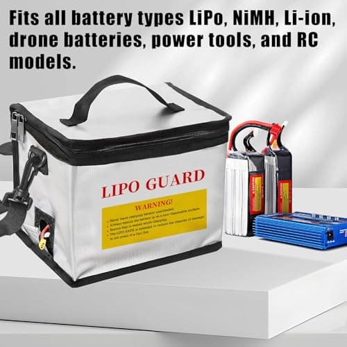 Qloi-LeUe Lipo Battery Bag Fireproof - 8.46"x5.71"x6.5" Safe Charging & Storage Pouch for RC Drone Batteries, Double Zipper Bag with Detachable Shoulder Strap White - Thumbnail 4