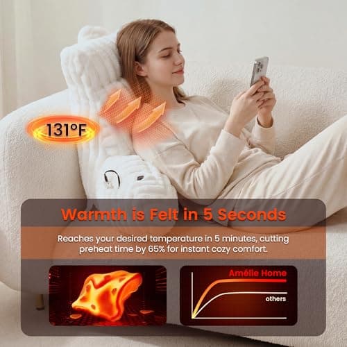 Amélie Home Heated Faux Fur Reading Pillow with Pocket - 3-Temperature Backrest for Sitting in Bed, USB-Powered(No Power Bank Included) Warming (113°F-131°F), 3H Auto Shutoff, Ivory, 18 Inches - Thumbnail 5