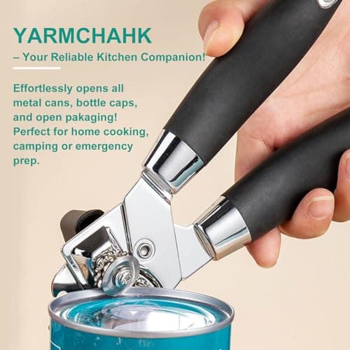 Yarmchahk Multifunctional Stainless Steel Manual Can Opener and Bottle Opener, Heavy Duty Hand Held Can Opener with Easy Turn Knob, Sharp Blade Smooth Edge, Good Grips Kitchen Tool for Seniors, Black - Thumbnail 6
