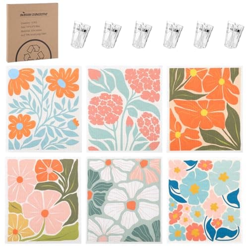 6 Pack Swedish Dishcloths for Kitchen,Abstract Floral Swedish Rags Dish Towels with Clips, Reusable Paper Towels Washable Absorbent Cellulose Sponge Cloths No Odor for Cleaning Home Sink Kitchen - Image 1