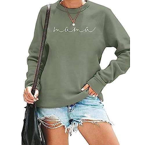 QICAISH Women Lightweight Sweatshirt Tshirt Mama Letter Print Long Sleeve Casual Crewneck Pullover Tops - Image 1