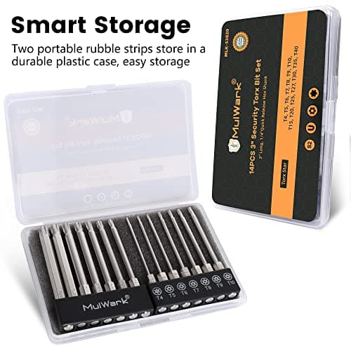 MulWark 14PC Security Torx Bit Set 3" Long Tamper Proof Star Screwdriver Bit Set 1/4" Hex Shank S2 Steel T4 - T40 Magnetic Impact Driver Drill Bits - Thumbnail 4