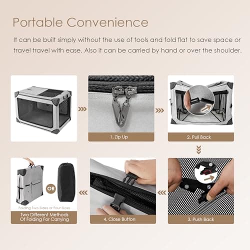 EHEYCIGA Collapsible Dog Crate 36 Inches, Portable Travel Crate for Large Dogs, Soft Foldable Pet Kennel with 4-Door Mesh Windows Indoor & Outdoor, Grey - Thumbnail 4
