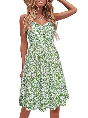 YATHON Casual Dresses for Women Spaghetti Strap Sundress with Pockets(YT090-Green Floral 04,S) - Image 1