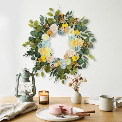 24Inch Spring&Sunmmer Wreath, Fade Resistant Outdoor Wreath for Front Door, Handmade Door Wreath with Artificial Flowers and Decorations for Window Fireplace Wall Porch - Thumbnail 5