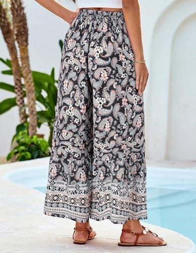 GRACE KARIN Palazzo Pants for Women Casual Flowy Summer Capris Beach Boho Pants 2025 Spring Black Floral - Thumbnail 4