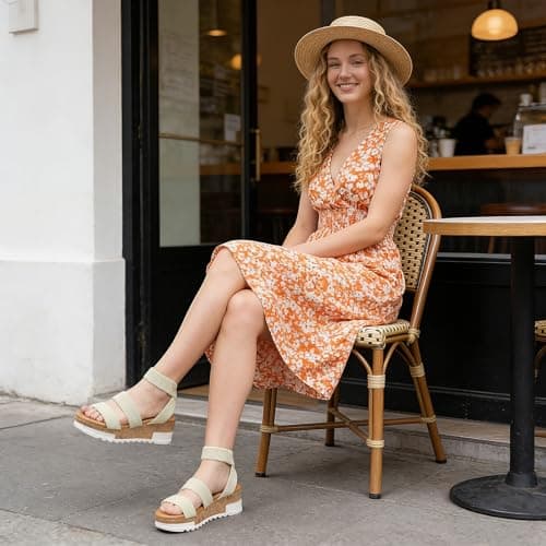 Athlefit Women's Platform Wedge Sandals Summer Casual Open Toe Elastic Ankle Strap Flatform Wedges Sandals Beige Size 11 - Thumbnail 3