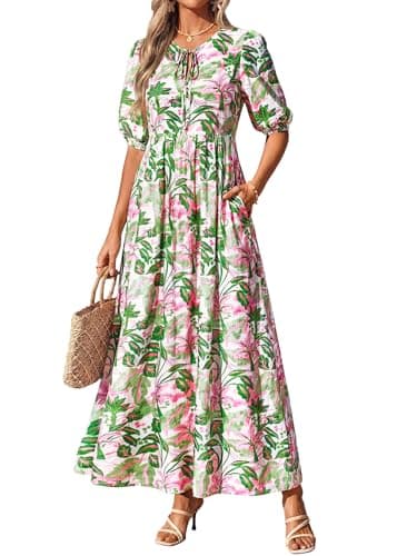 KIRUNDO Spring Dresses for Women 2026 Summer Wedding Guest Boho Floral 3/4 Sleeve Beach Vacation Cruise Flowy Maxi Dress(Green, Medium) - Thumbnail 4