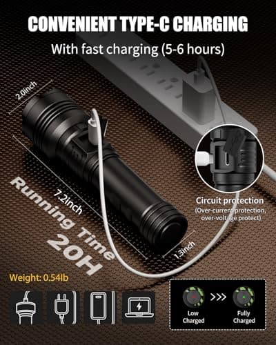 SKYFIRE Rechargeable Flashlights High Lumens: LED Super Bright Flashlight 3000lm Zoomable 5 Modes Tactical Waterproof Powerful Flash Light for Camping, Emergency, Holiday Gift (with Ignition Lens) - Thumbnail 5