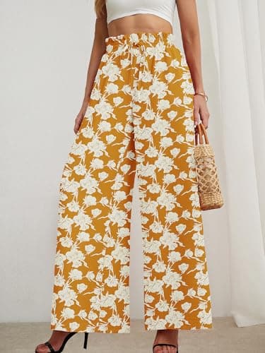 Heymoments Women's Wide Leg Dress Pants with Pockets White Flower Yellow Medium Lightweight Elastic High Waisted Adjustable Tie Knot Flowy Casual Ladies Beach Pleated Trousers - Thumbnail 3