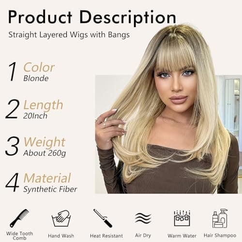 NOSTALGIA Wig with Bangs for Women Blonde with Dark Roots 20 Inch, 4x4 Realistic Scalp & Free Parting, Layered Heat Resistant Synthetic Hair for Everyday Use - Thumbnail 6