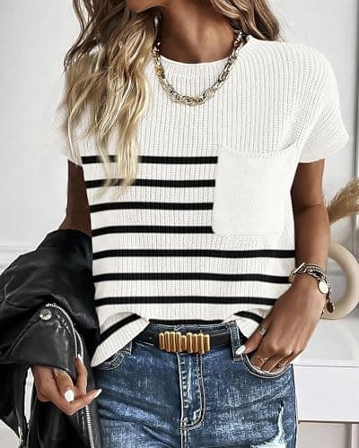 KIRUNDO Spring Summer Short Sleeve Sweater for Women 2026 Casual Sweater Vest Cotton Knit Pullover Tank Tops Fashion Clothing (Striped White, Small) - Thumbnail 5