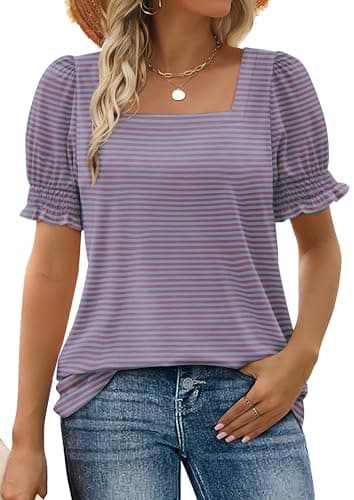 WIHOLL Clothes for Women Dressy Casual Short Puff Sleeve Square Neck Shirts Business Clothes Blue Pink Stripe 2XL - Image 1