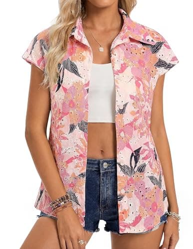 GRACE KARIN Floral Eyelet Spring Summer Tops for Women,2026 V Neck Dressy Casual Shirts,Boho Button Down Short Sleeve Blouses Pink 2XL - Image 1