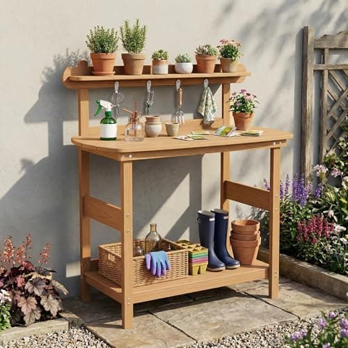 Kibaso Potting Bench Table with 3-Tier Storage, Outdoor Gardening Table with 4 Self-Tapping Screws, Heavy Duty All-Weather Planting Bench with Curved Edges for Patio, Backyard, Garden (Teak)