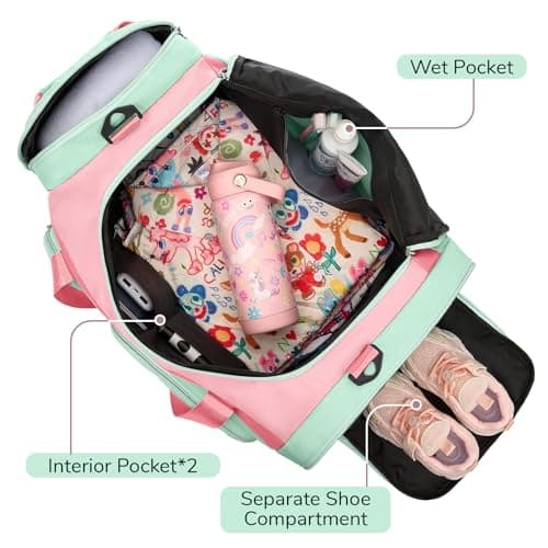 WOOMADA Kids Travel Bag with Shoe & Wet Pockets, Carry On Duffle Bag for Overnight Trips, Sports, School(pink) - Thumbnail 4