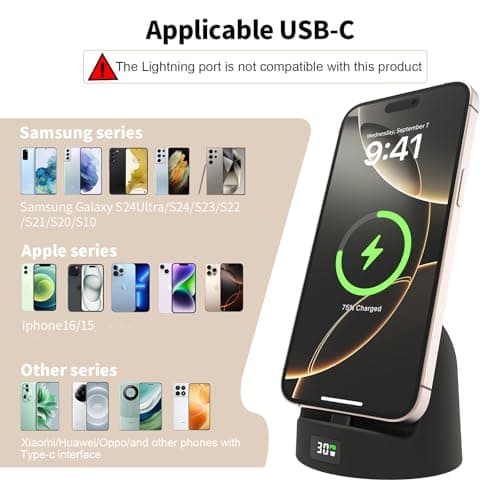 Phone Charging Stand for Samsung/iPhone15/16/17,Charger Stand with USB-C,Charging Station with LED Power Display,Charging Dock for Nightstand Black Silicone - Thumbnail 2